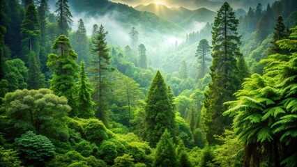 Dense foliage and towering evergreen trees form a dramatic backdrop in this lush forest scene