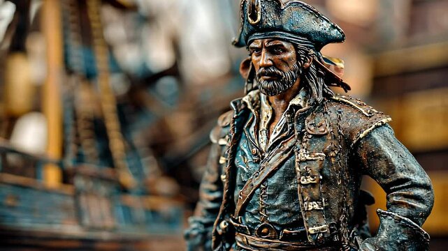 A macro shot of a pirate miniature figurine with a ship in the background.