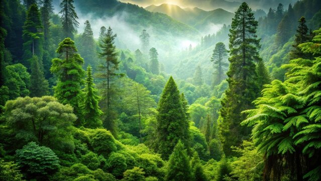 Dense foliage and towering evergreen trees form a dramatic backdrop in this lush forest scene - Powered by Adobe