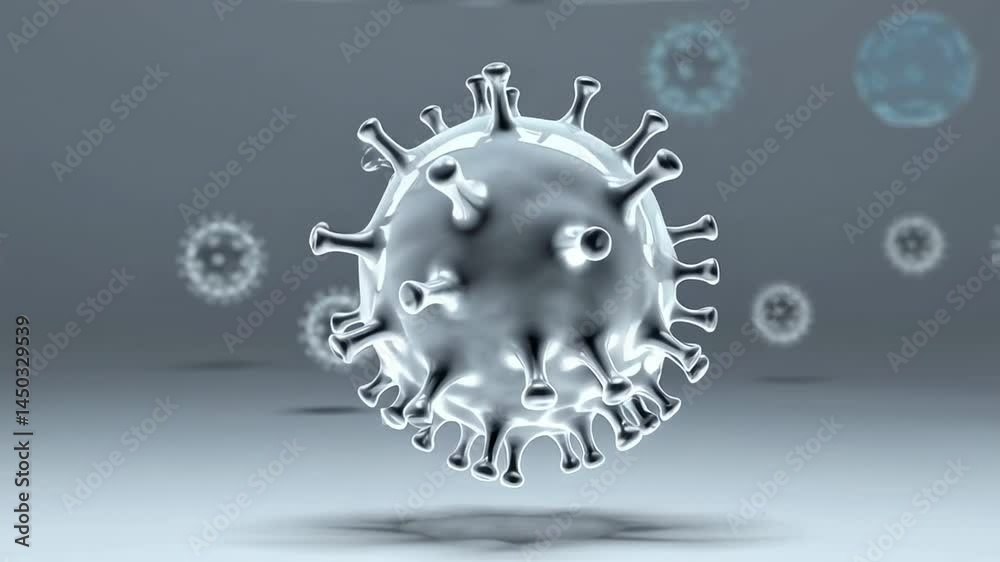 Poster Transparent virus model rotating slowly on a white background with other blurred viruses floating in the background, perfect for medical and scientific projects