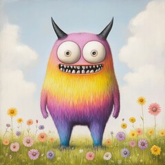 Whimsical and Vibrant Pop Art Depicting a Rainbow Hued Monster with Oversized Eyes Standing in a Field of Giant Colorful Flowers Surrounded by Bold Purple and Yellow Color Blocks