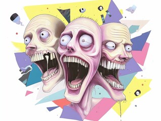 Bizarre and surreal digital of a multiheaded creature with each head displaying a different intense emotion