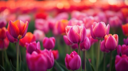 Fototapeta premium Vibrant tulips in a field of varied hues.