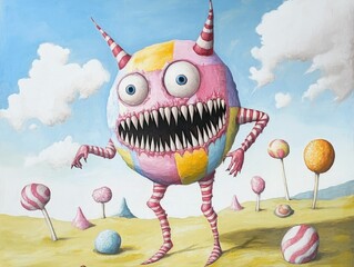 A whimsical yet eerie monster with a patchwork body of bright colors roaming a candy colored landscape filled with oversized candies and sweets