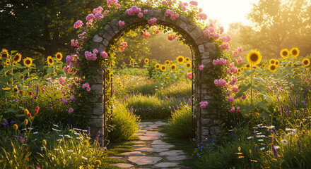 Fototapeta premium Sunlit Garden Path Leading Through an Enchanted Rose-Covered Stone Archway