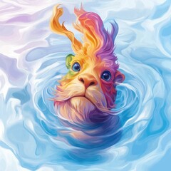 Captivating digital depicting a vibrant fantastical chimeric beast combining the features of a lion bird and fish floating serenely in a surreal abstract landscape of colorful water patterns