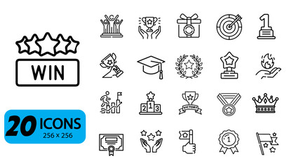 Set of 20 Achievement, Victory and Success Icons, Outline Style, 256x256 Pixels