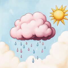 A dreamy cloud monster with a soft billowy form gliding through a sky filled with bold colored raindrops and abstract sun shapes creating a whimsical and fantastical pop art inspired