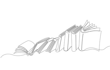 Minimalist continuous one line drawing of a row of books falling like dominoes, symbolizing knowledge, education, and storytelling. Simple black line art on white background, Vector Editable stroke