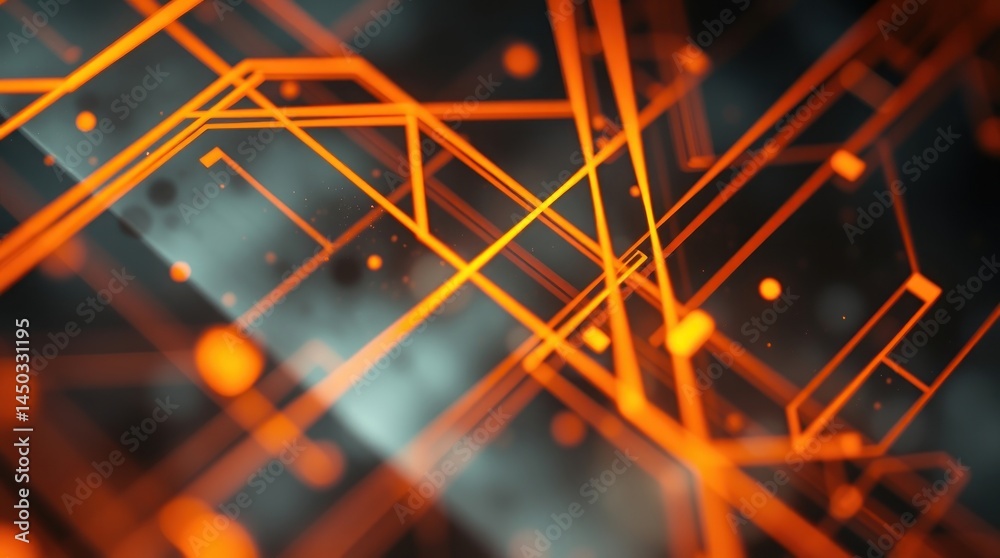 Poster abstract glowing orange lines intersect on a dark background with bokeh effect