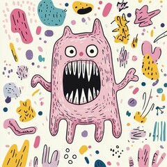 A whimsical and colorful pop art creature that looks like it stepped out of a child s drawing surrounded by splashes of bright neon colors and abstract playful shapes in a surreal imaginative digital