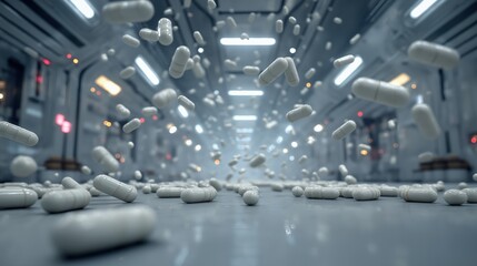 Futuristic pharmaceutical corridor filled with floating white capsules in mid-air depth of field view perfect for sci-fi healthcare visuals, advanced drug production concepts and medical innovation pr