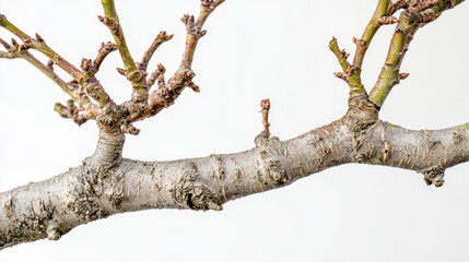 Leafless fig tree with smooth pale bark on white background.