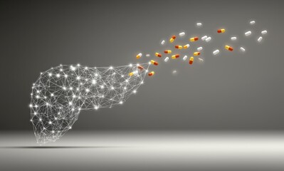 Abstract 3D illustration of digital liver made of glowing network mesh with floating medical capsules symbolizing detox, metabolism and pharmaceutical treatment concepts