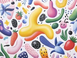 Vibrant Blob Like Monster Covered in Playful Patterns and Textures Bouncing Through a Surreal Landscape of Oversized Fruit and Fantastical Flora in a Pop Art Style