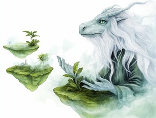 A mythical creature with crystalline scales and flowing locks of silk perched amongst surreal floating islands filled with saturated greens and a dreamlike whimsical environment in digital art
