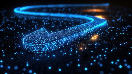 Abstract glowing curve on a digital grid