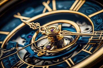 A close-up of a gold and blue watch face with Roman numeral hour markers and intricate gears