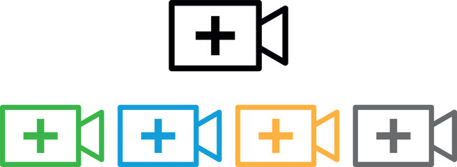 Colorful add video icon set in different colors . Upload new video button icon . Vector illustration
