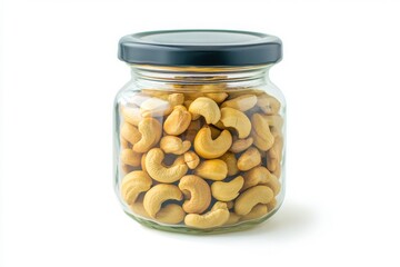 Cashews in glass jar with black lid isolated on white background