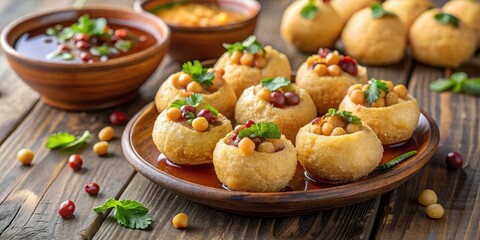 Crunchy Pani Puri with chickpeas and tamarind chutney dripping down , chickpea, food,  chickpea, food