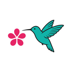 2D flat vector illustration A hummingbird hovering near a flower icon isolated on a white background