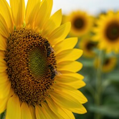 Naklejka premium Bees Pollinating Sunflowers Importance of Pollinators