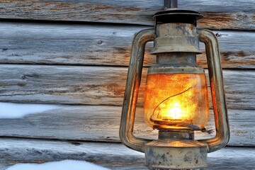 Old lantern glows against weathered wood. Warm light from a vintage kerosene lamp illuminates a rustic wooden wall in winter. Snow covers the bottom of the wall