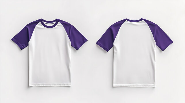 A white and purple short-sleeve raglan t-shirt is displayed from the front and back, and a flat lay concept is used as a mockup design template
