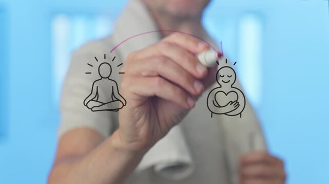 Young sportsman drawing a circular arrow connecting a meditating person and a person hugging himself, symbolizing the positive feedback loop between meditation and self love