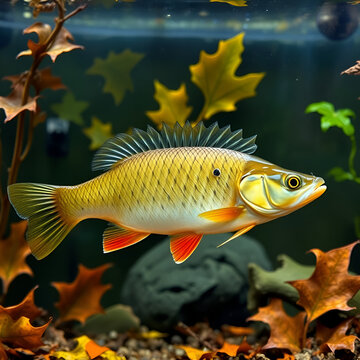 active predator European perch, Perca fluviatilis and omnivores European bitterling, Rhodeus amarus, ornamental adult fish in a coldwater freshwater biotope aquarium with fallen oak leaves