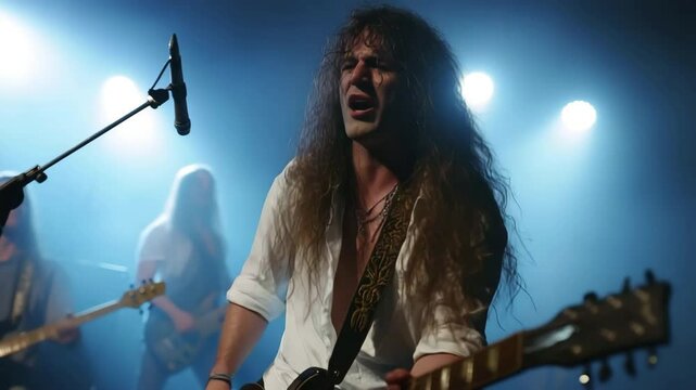 Retro music concept 1980s rock band performing live on stage, Man with long wild hair playing guitar