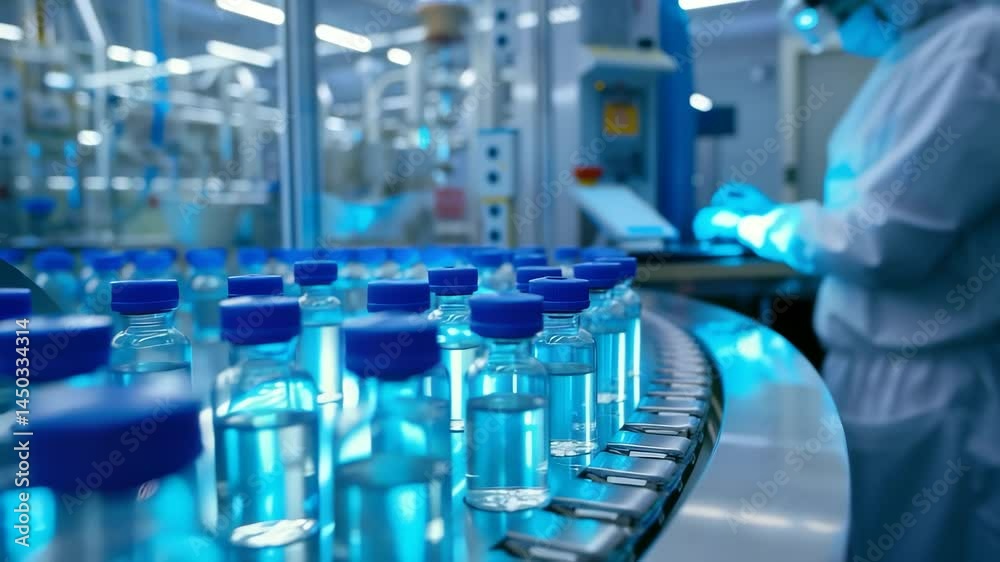 Poster a worker in clean suit is monitoring high-speed conveyor belt, full of sealed vials, within sterile 