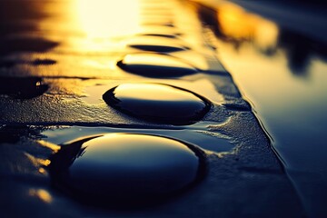Golden reflections on dark stones, wet pavement at sunrise.  Close-up view of circular stones on a wall,  with water droplets