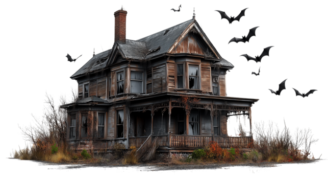 Old, abandoned house with flying bats, cut path, Halloween theme, an abandoned house with bats, an old, abandoned house with bats with flying bats around it, on a transparent backgrounds