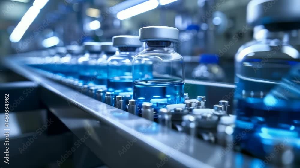 Poster a production line showcases vials filled with blue liquid, moving through an automated pharmaceutica