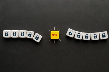 Security Solution Key Concept Abstract Background Digital Yellow Key Blocks Padlocks Protection Privacy Internet Technology Data Encryption Safeguard Password Access Control System Business Network   