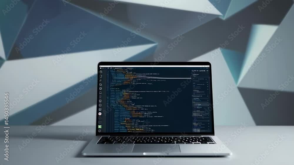 Poster Modern laptop displaying running code sits on a white table against an abstract geometric background, suggesting software development, programming, or technological innovation