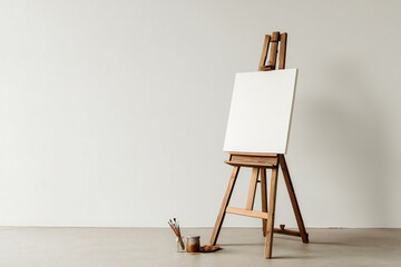 Wooden easel with a white canvas white background