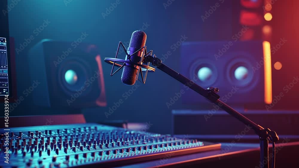 Poster professional singer with curly hair belting out song, expressing raw emotion while recording in prof