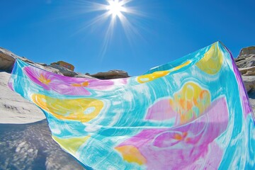 Vibrant fabric billowing over light-colored rocks under a bright sun. Colorful floral pattern on a light teal background