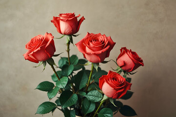 Five vibrant coral roses create a stunning bouquet, their delicate petals and lush green leaves embodying the essence of love, romance, and appreciation