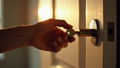 Hand unlocking door with key at sunset  