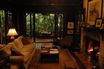 Cozy living room with fireplace, couch, and view of lush greenery