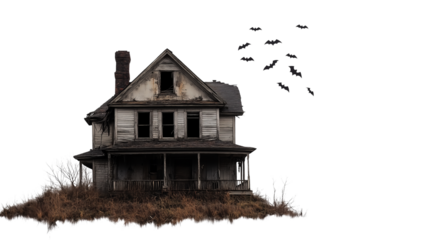 Old, abandoned house with flying bats, cut path, Halloween theme, an abandoned house with bats, an old, abandoned house with bats with flying bats around it, on a transparent backgrounds