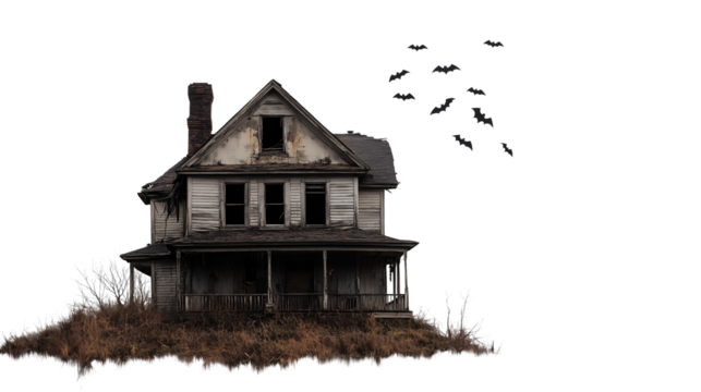 Old, abandoned house with flying bats, cut path, Halloween theme, an abandoned house with bats, an old, abandoned house with bats with flying bats around it, on a transparent backgrounds