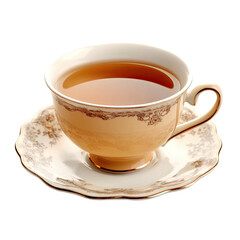 A delicate cup of tea, with a light golden hue, sits on a matching saucer.  Ornate floral designs grace the chinaware