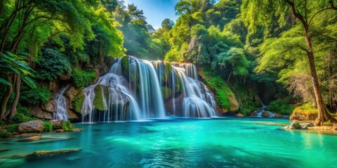 Obraz premium Waterfall cascading turquoise colored water amidst lush green forest foliage and trees with vibrant floral life, scenery