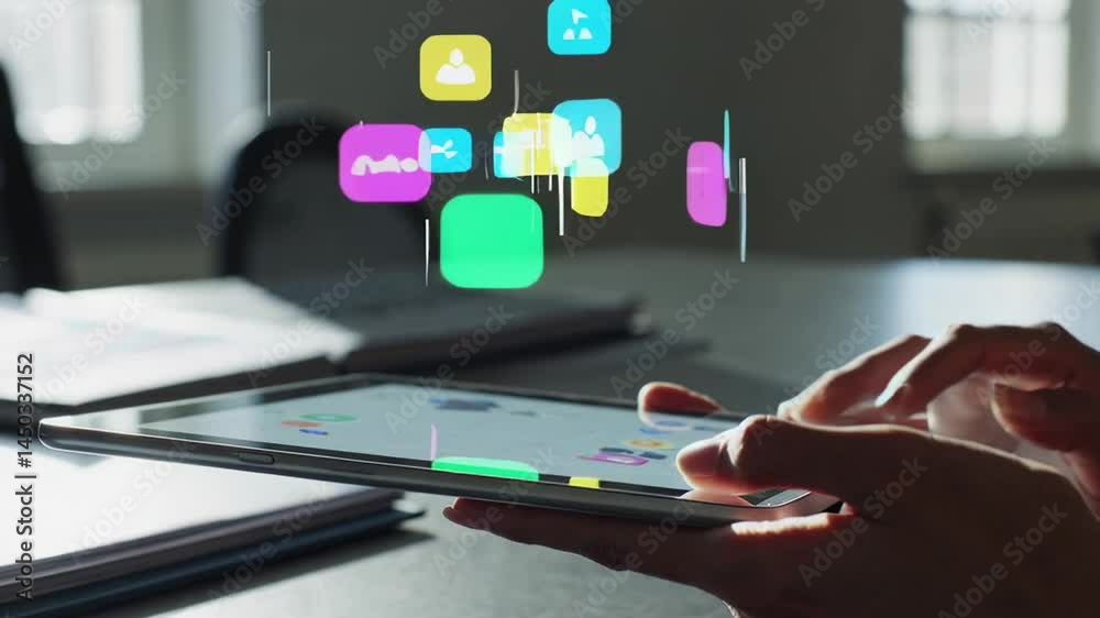 Poster office worker scrolling and tapping on a tablet with colorful social media icons and notifications a