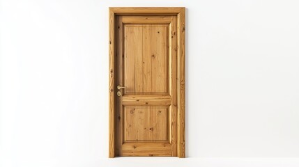 Light pine door with horizontal panels and brass knob, ajar on white background.